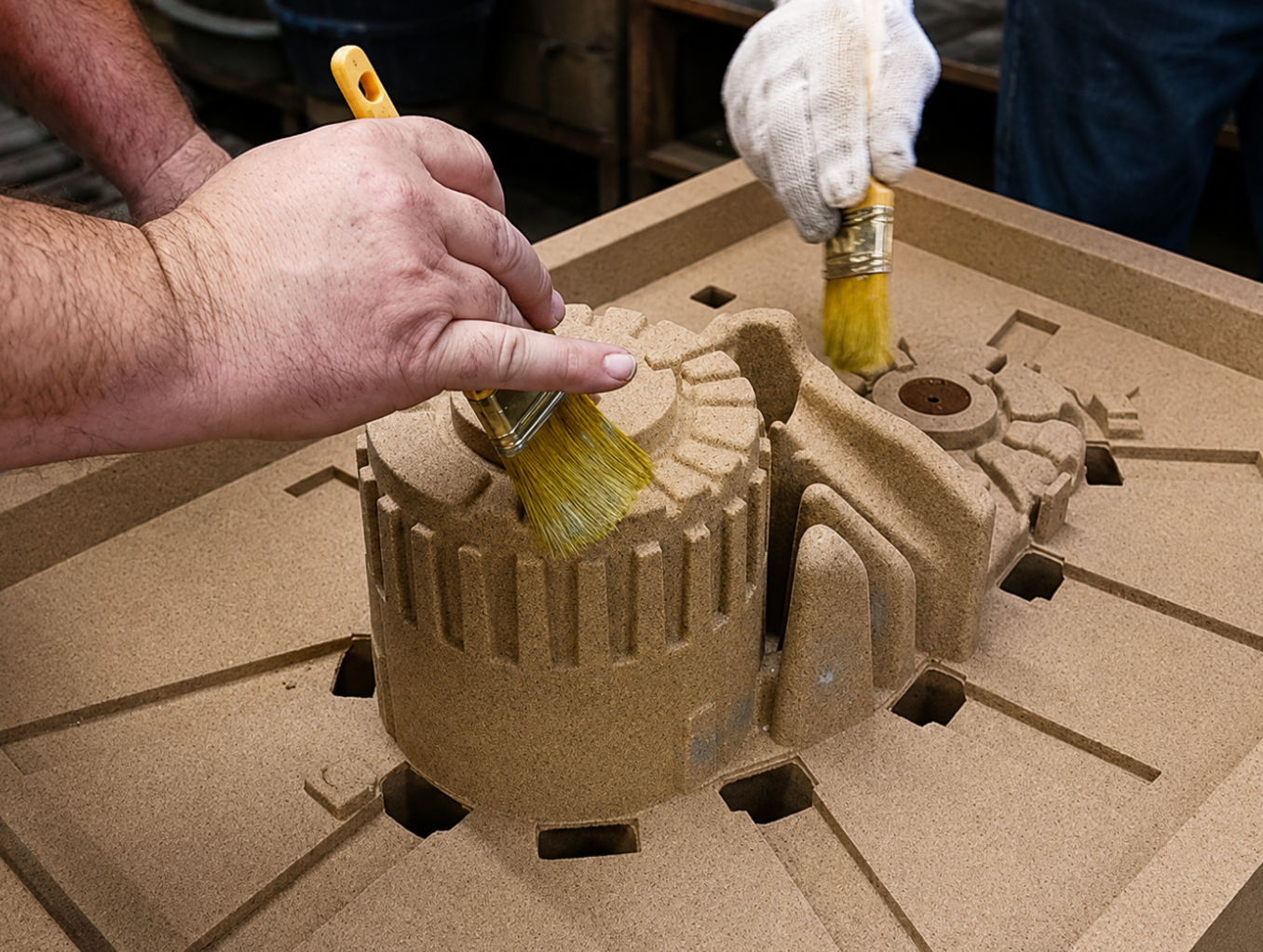 Foundry worker brushing detail into an air-set sand mold at Muncie Castings