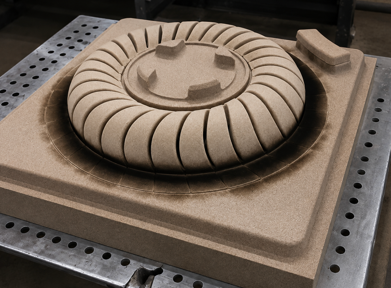 Air-set sand mold bell casting ready for pour at Muncie Castings