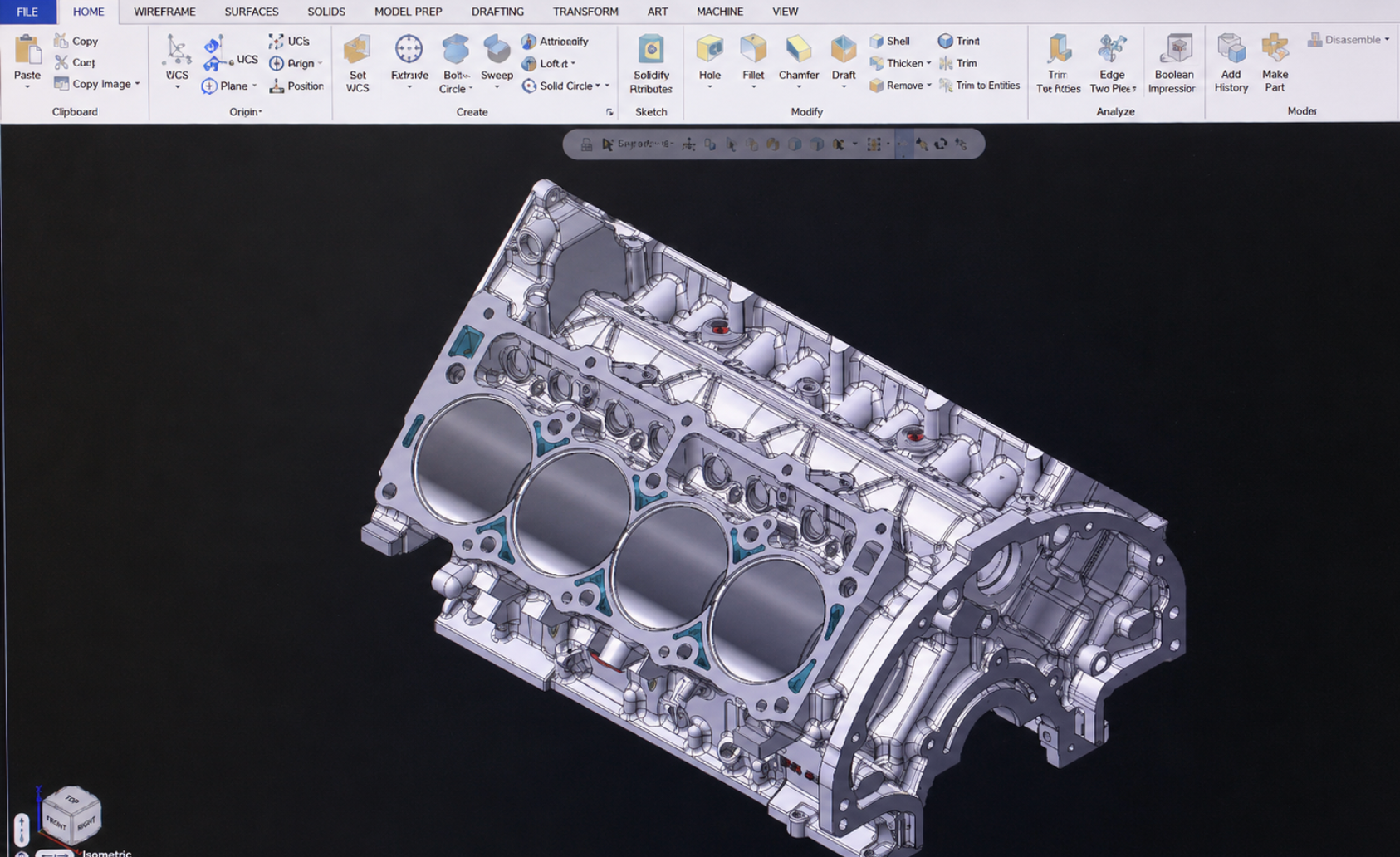 3D CAD model of aluminum engine block in engineering software at Muncie Castings