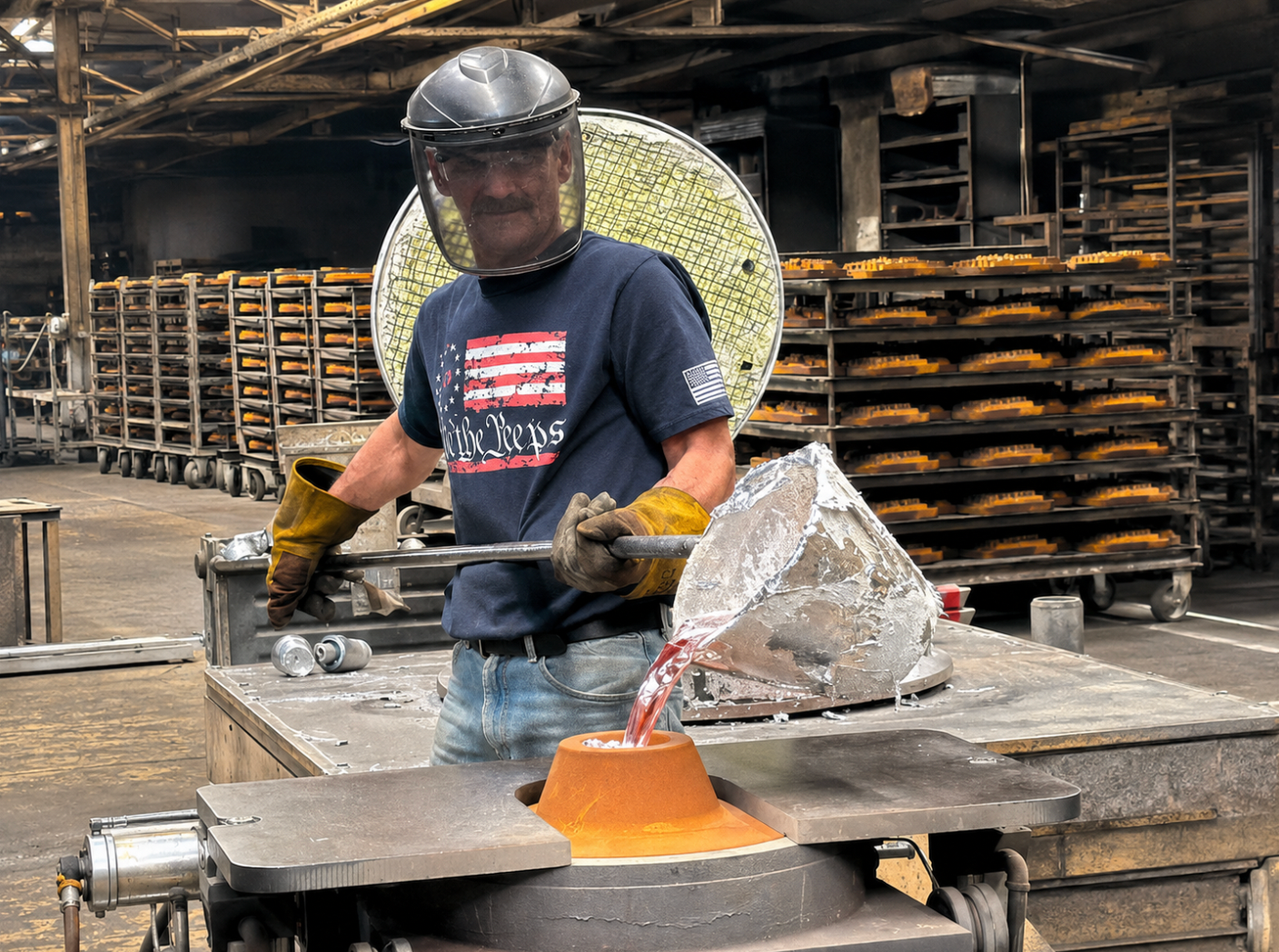 Foundry worker pouring molten aluminum into a permanent mold