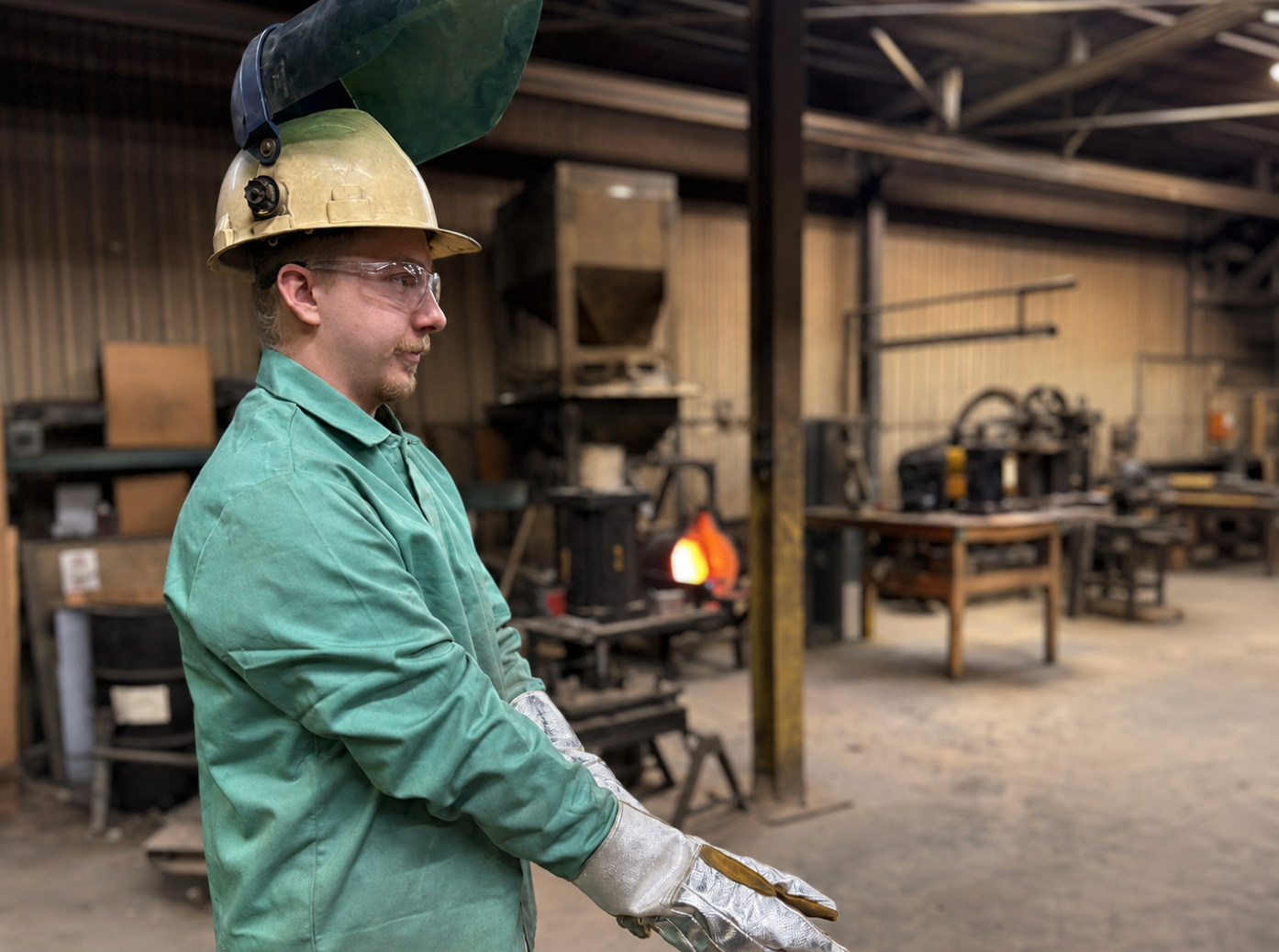 Muncie Castings foundry worker in protective gear on the floor
