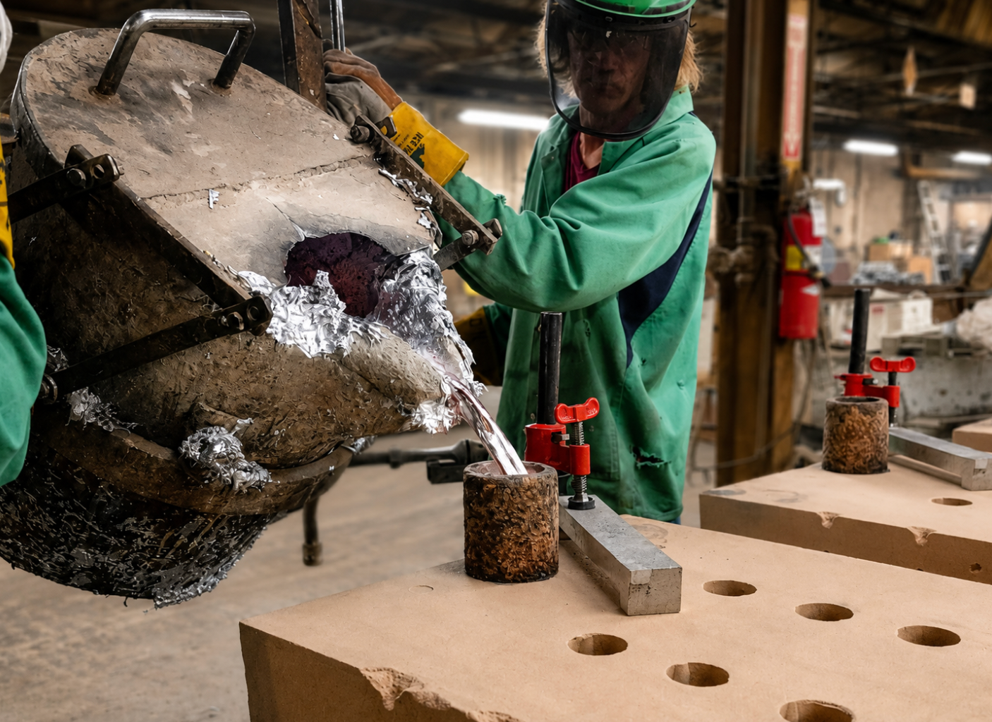 Worker pouring molten aluminum into a sand mold