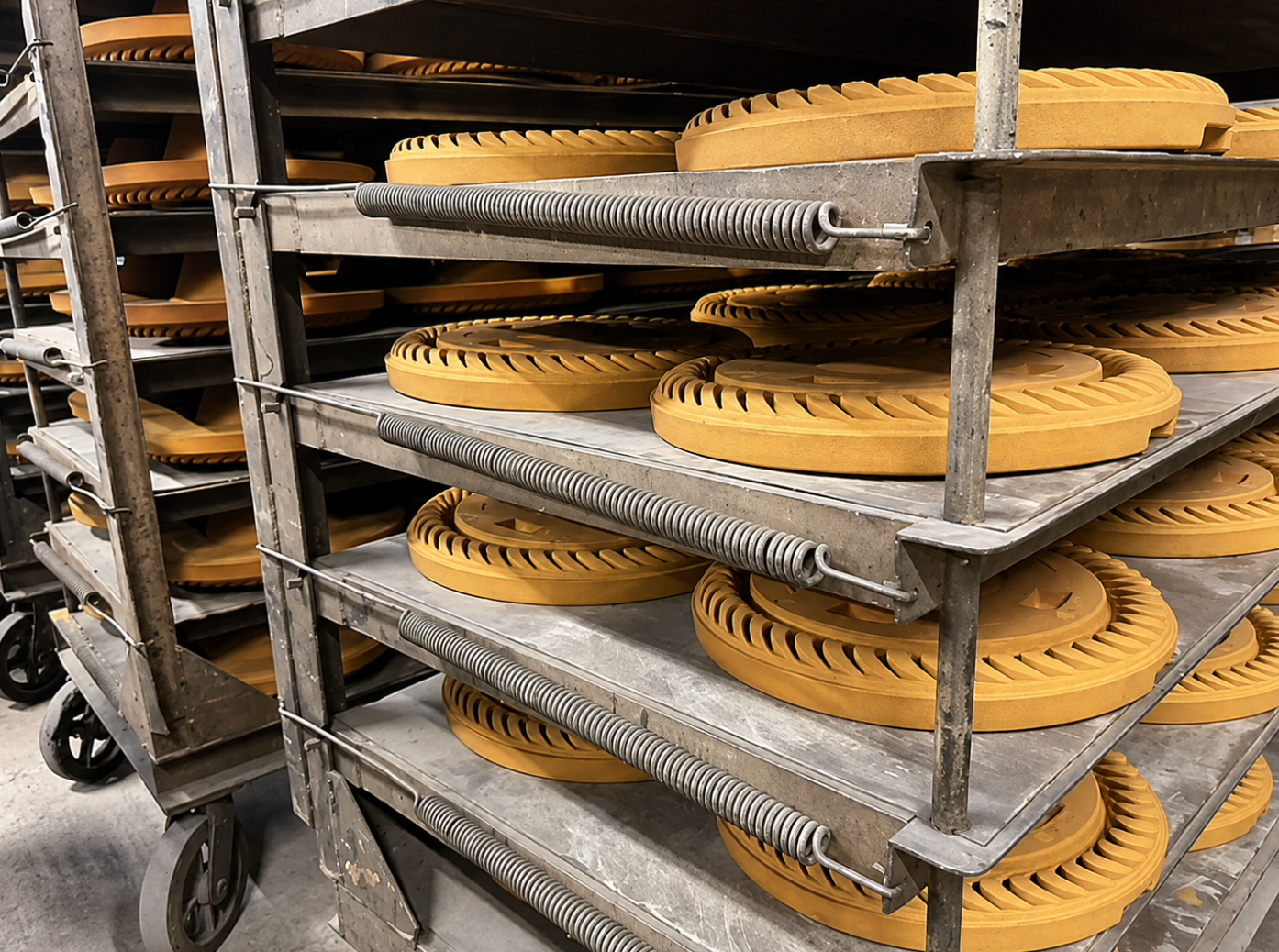 Aluminum casting mold racks organized on the Muncie Castings foundry floor