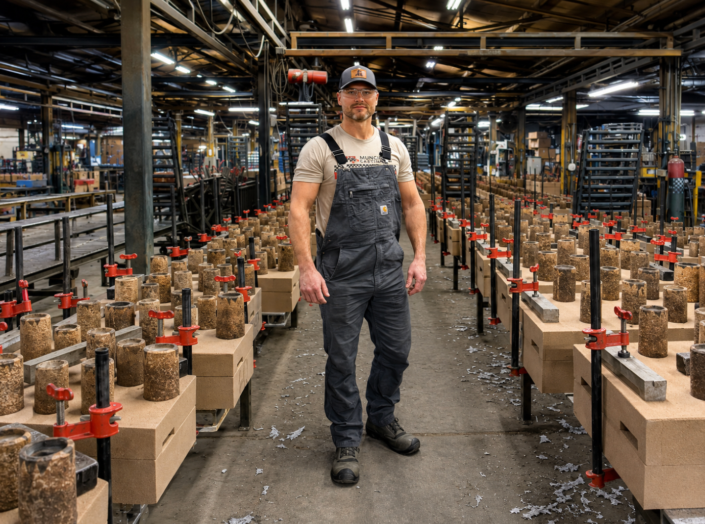 Kory Anderson, CEO of Anderson Foundries and founder of Spartan Pattern, standing on the Muncie Castings shop floor surrounded by sand casting molds