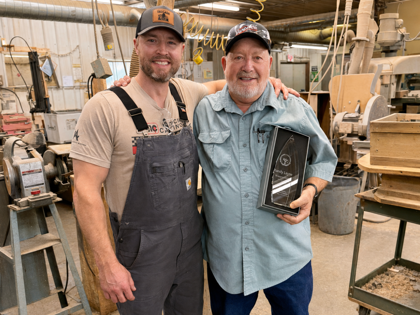 Kory Anderson and Randy Layne in the Muncie Castings shop, Randy holding his recognition award