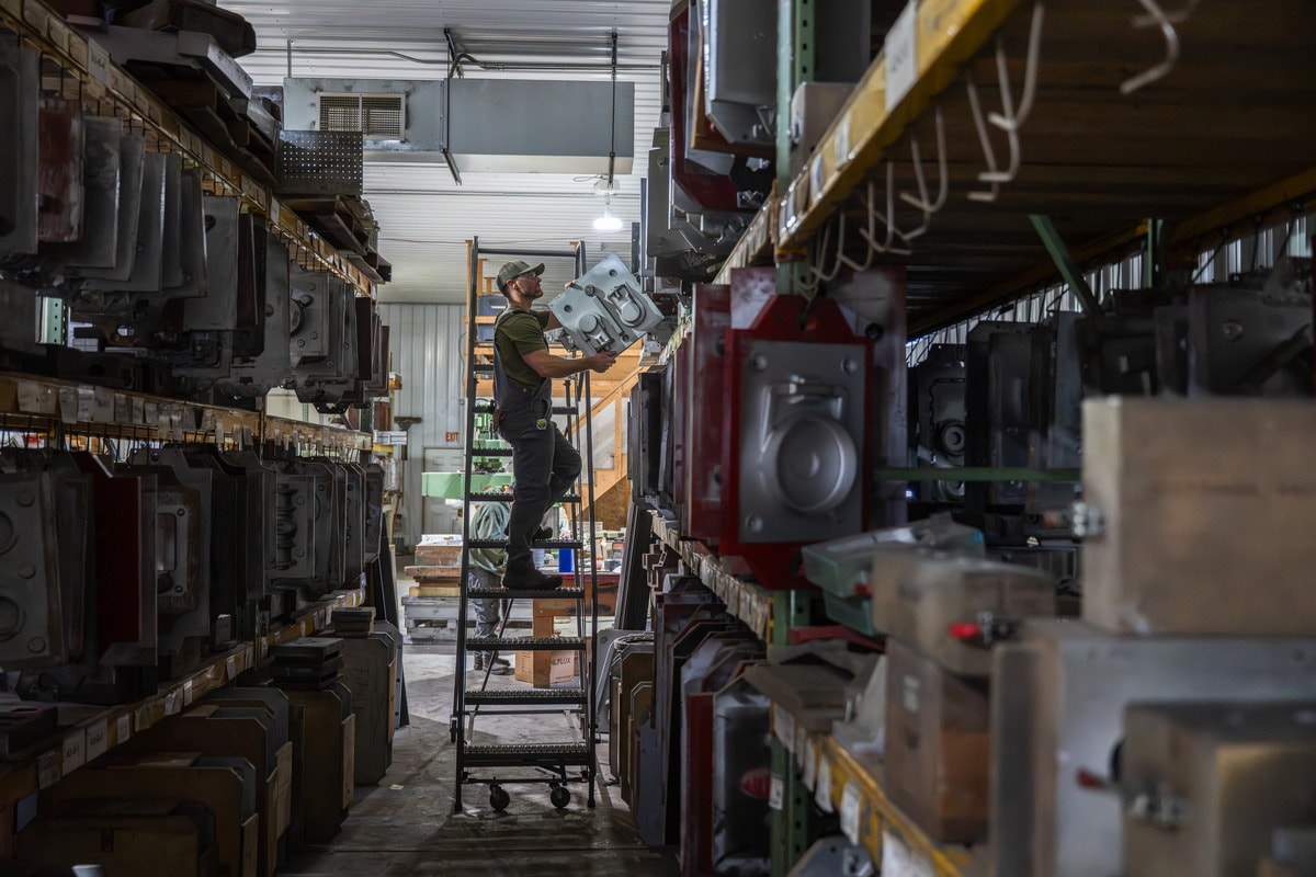 Muncie Castings pattern storage warehouse with organized shelving of customer tooling