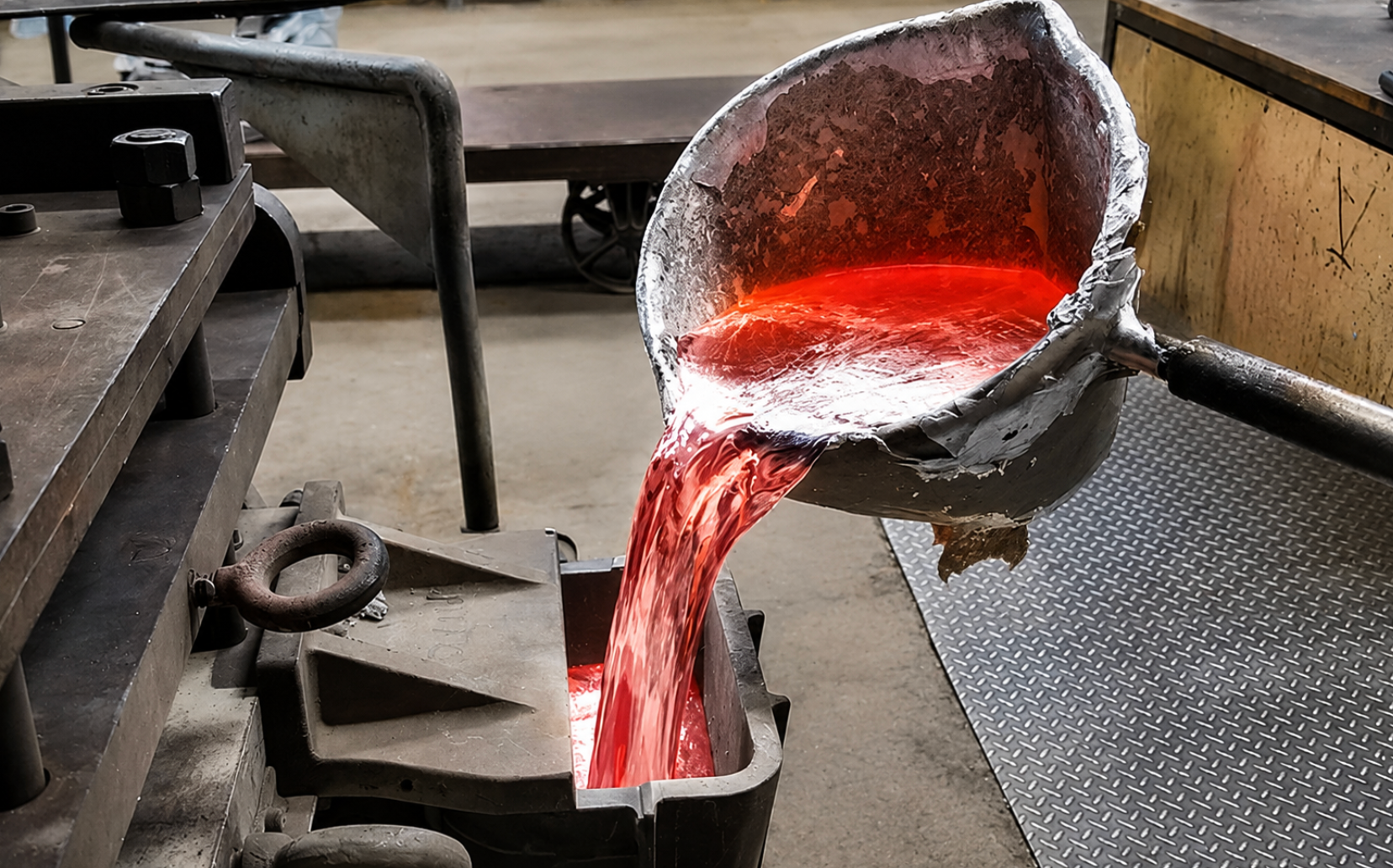 Molten aluminum being poured into a permanent mold at Muncie Castings